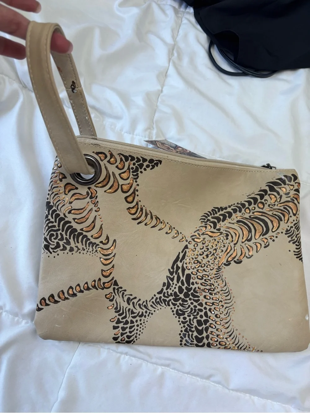 Wristlet Clutch in Taupe with Black and Metallic Accents. Hand painted